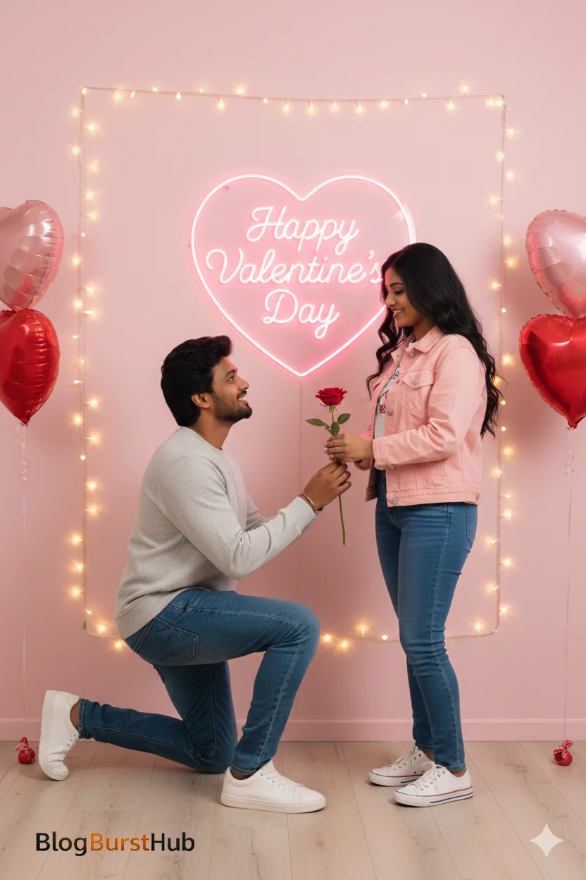 Indoor Propose Day proposal with pink background, heart lights, and rose