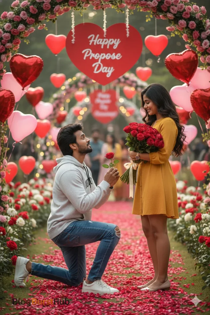 Outdoor Propose Day setup with heart balloons, roses, and couple proposal