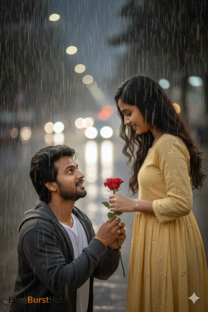 Man proposing with rose to woman in rain during evening lights