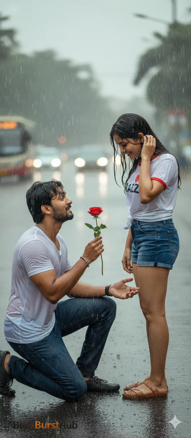 Man proposing with red rose to woman during rain on city street