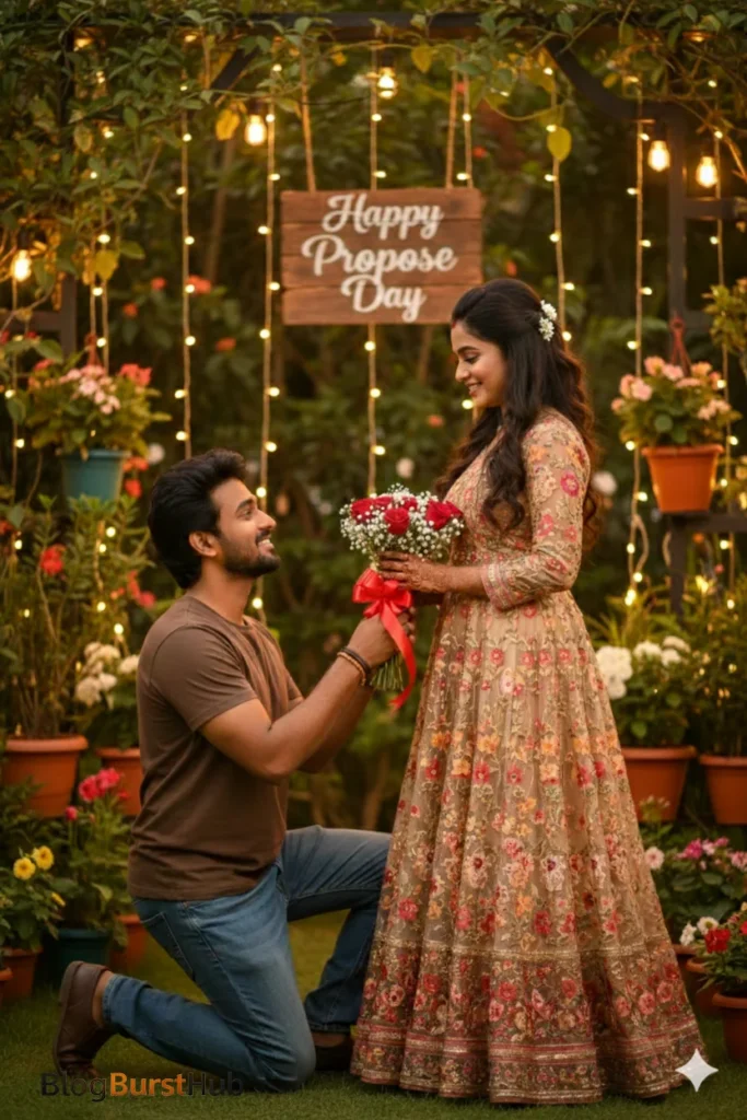 Romantic garden proposal with fairy lights and roses on Propose Day