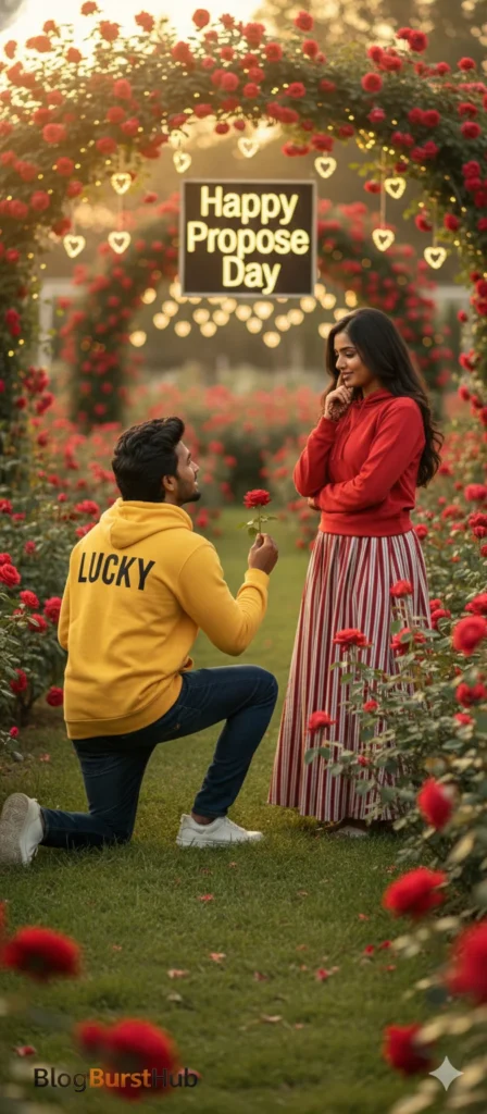 Couple proposal in rose garden with Happy Propose Day sign