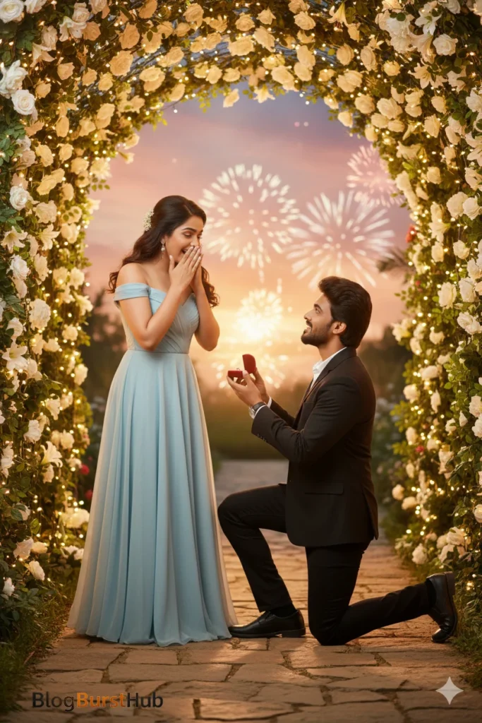 Man proposing with ring under floral arch while fireworks light the sky