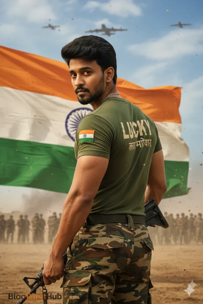 Republic Day photo prompt 2026 showing Indian soldier on battlefield with national flag
