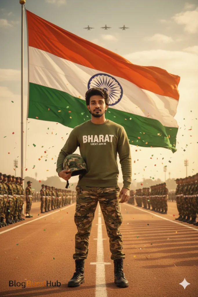 Republic Day AI photo prompt 2026 showing Indian army outfit with national flag and parade background