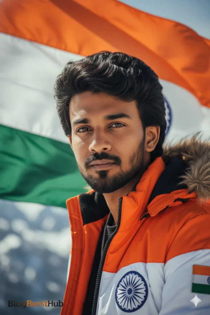 Republic Day photo prompt 2026 showing a close-up patriotic portrait with Indian tricolor flag background