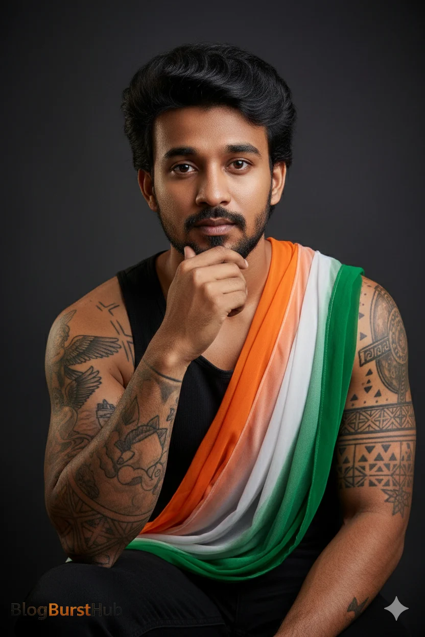 Republic Day AI photo prompt 2026 featuring indoor patriotic portrait with tricolor fabric.