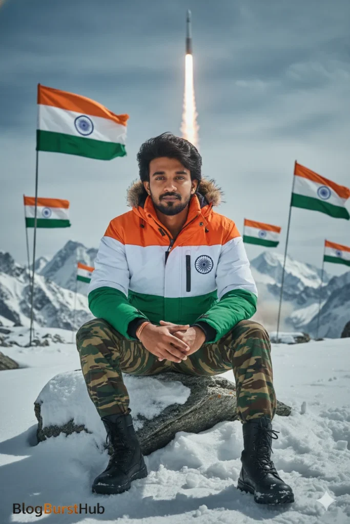 Republic Day AI photo prompt 2026 featuring Indian flag and rocket launch symbolizing national pride