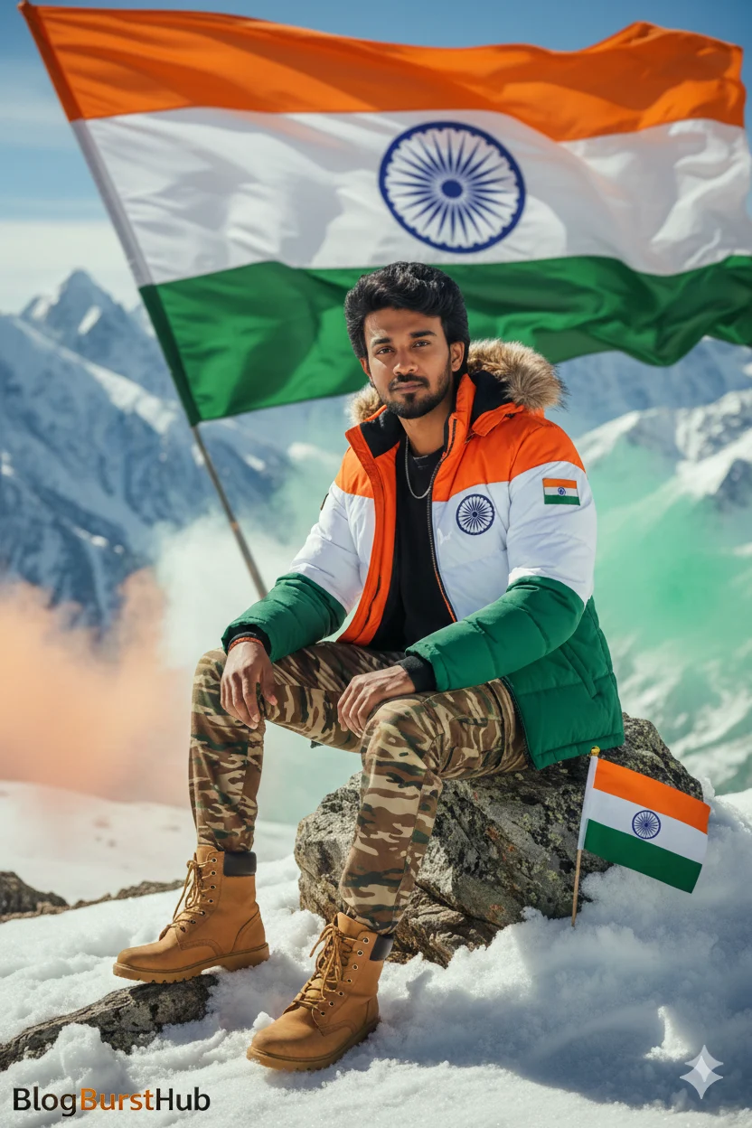 Republic Day AI photo prompt 2026 featuring Indian soldier in snow mountains with national flag