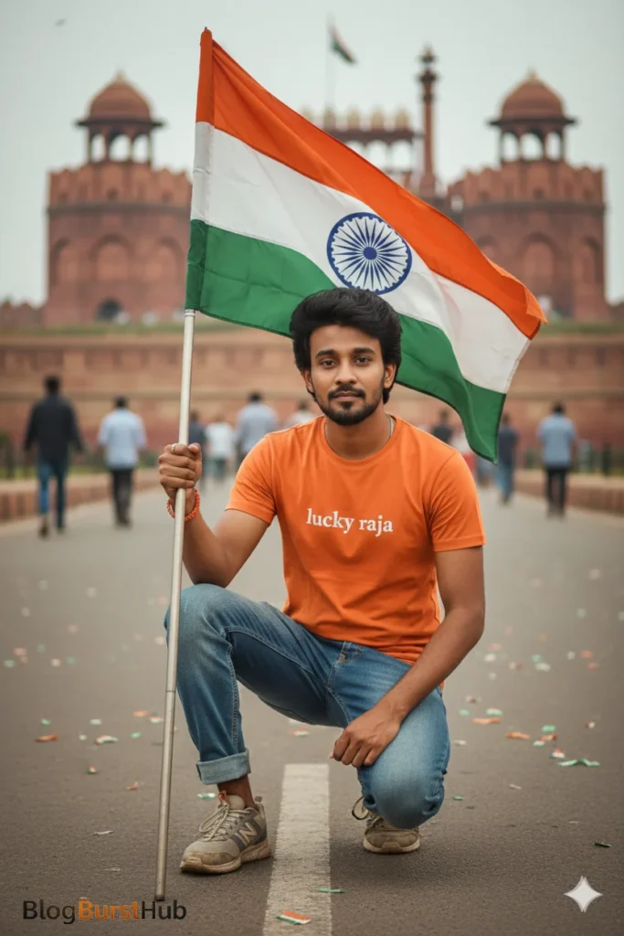 Republic Day photo prompt 2026 featuring patriotic street photoshoot with Indian flags and decorations