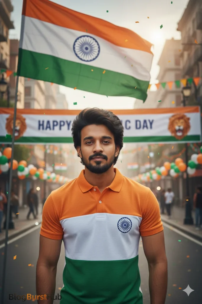 Republic Day photo prompt 2026 featuring a man wearing tricolor T-shirt with Indian flag celebration
