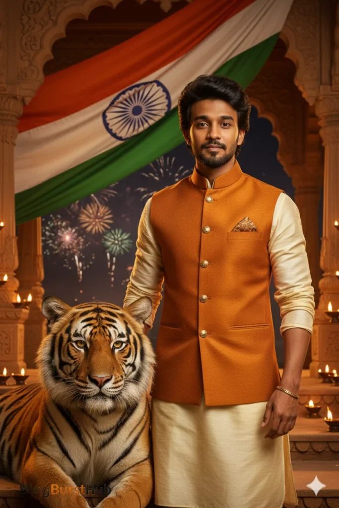 Republic Day AI photo prompt 2026 featuring tiger and Indian flag symbolizing strength and pride