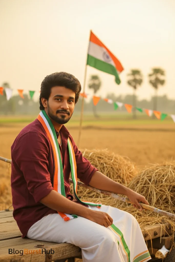 Republic Day photo prompt 2026 showing rural village field with Indian flag and traditional attire