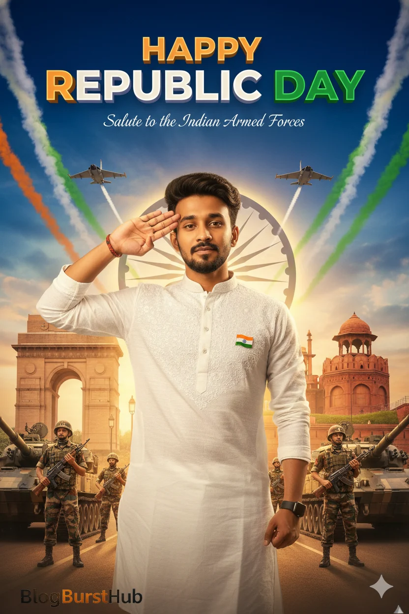 Republic Day greeting poster saluting Indian Armed Forces with tricolor jets