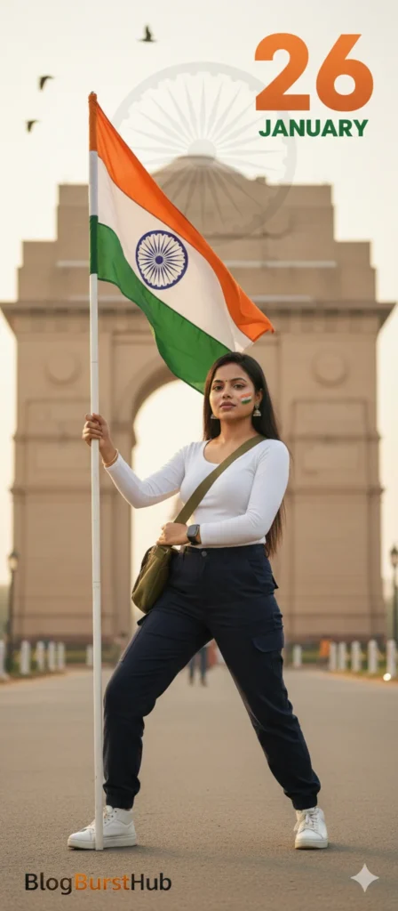 Indian woman holding national flag at India Gate on Republic Day
