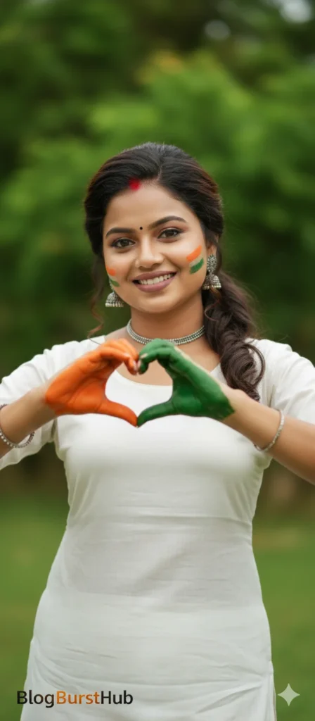 Indian woman making a heart shape with tricolor painted hands on Republic Day