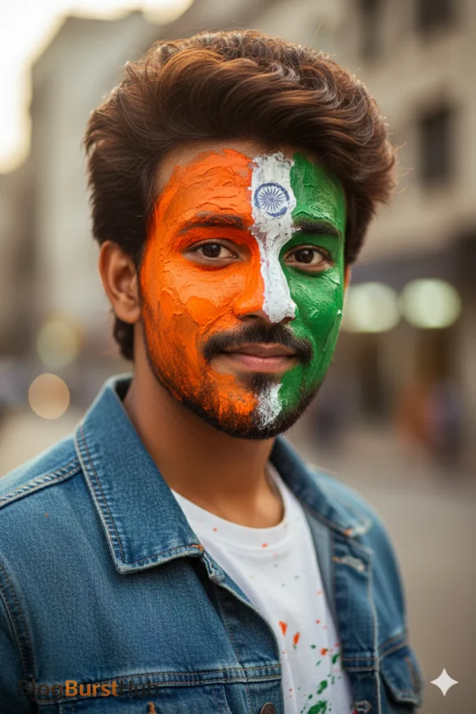 Indian man with tricolor face paint celebrating Republic Day