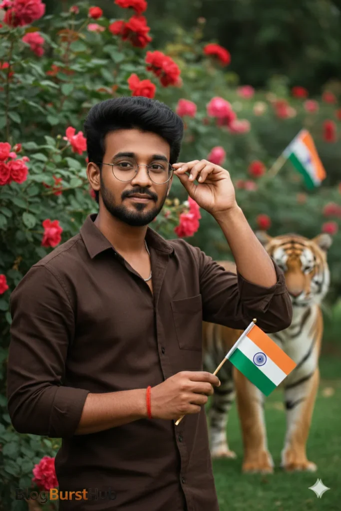 Young Indian man holding the national flag in a rose garden on Republic Day