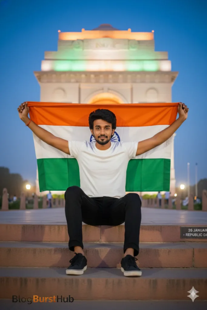 Indian man sitting at India Gate holding tricolor flag on Republic Day