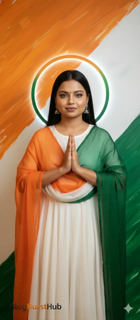 Indian woman greeting with namaste in front of tricolor background on Republic Day