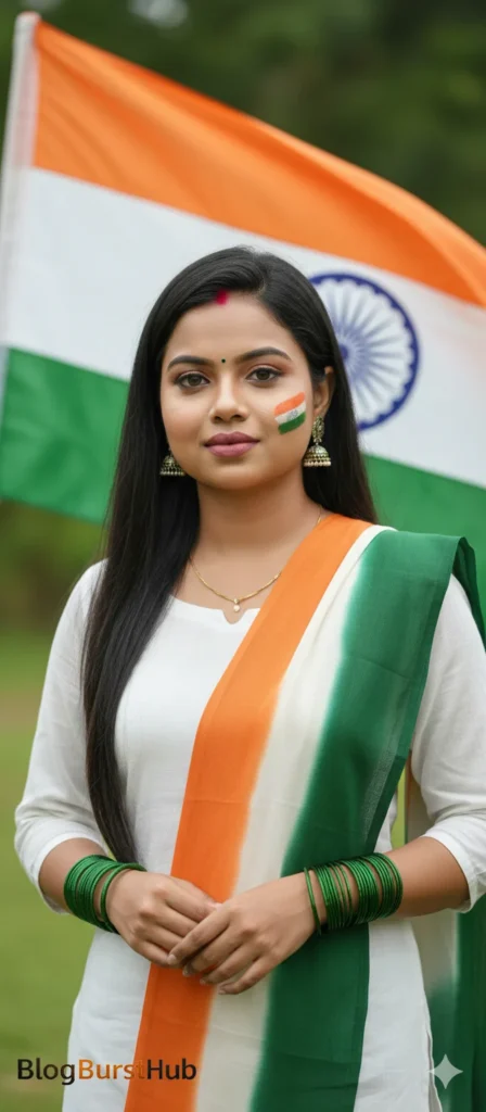 Indian woman wearing white dress with tricolor dupatta on Republic Day