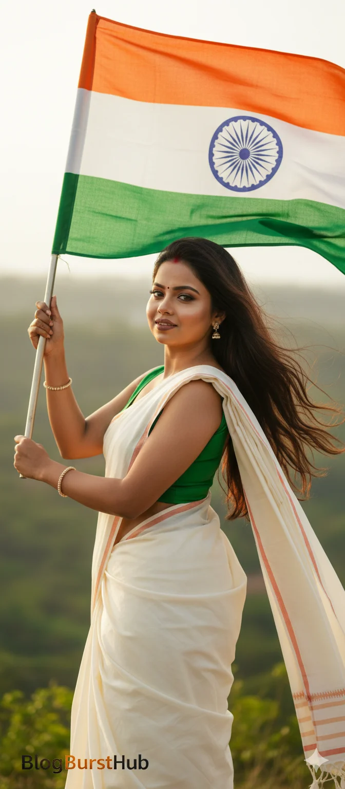 Indian woman in white saree holding national flag on Republic Day