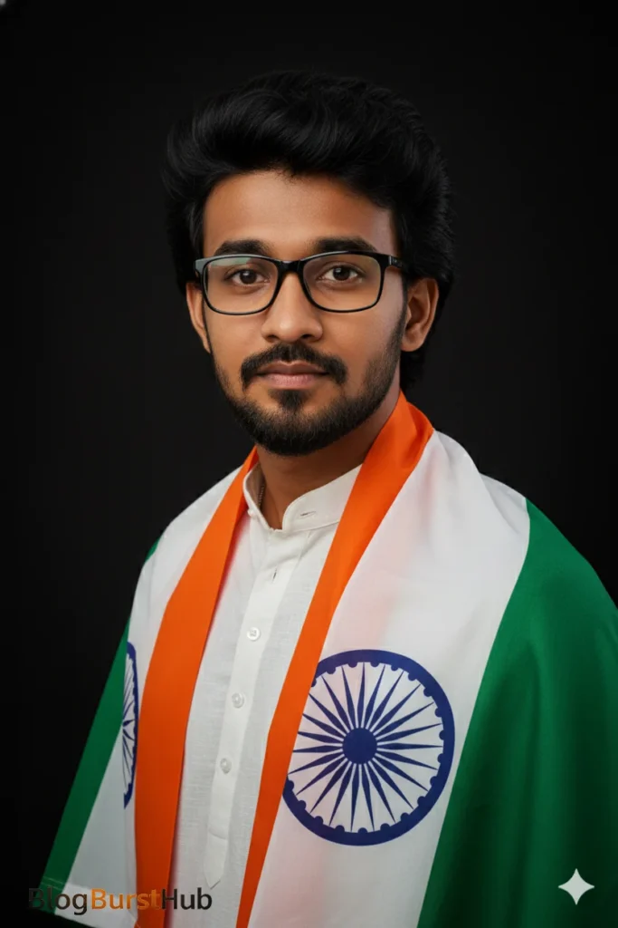 Indian man wearing tricolor stole with Ashoka Chakra on Republic Day
