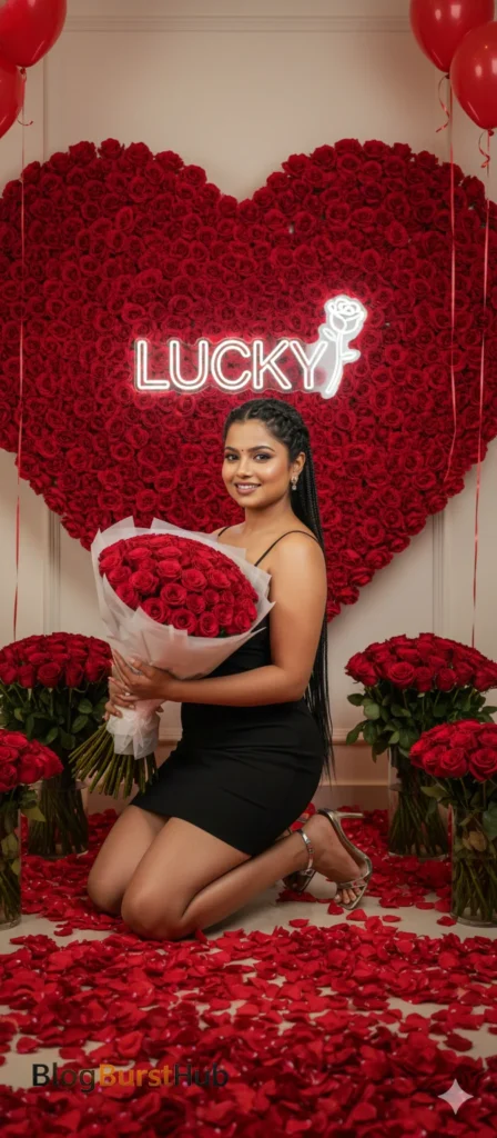 Rose Day romantic photo prompt of a woman holding roses in front of a rose heart