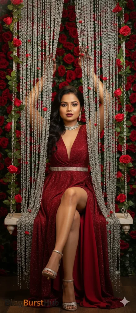 Romantic Rose Day photo prompt of a woman sitting on a swing surrounded by red roses