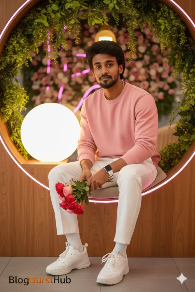 Romantic Rose Day image of a man holding roses with glowing decorative lights