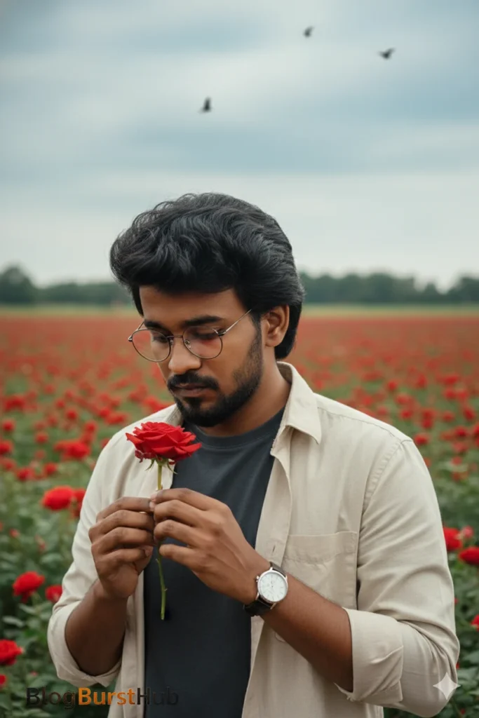 Romantic Rose Day photo prompt showing a man holding a red rose in a beautiful rose garden