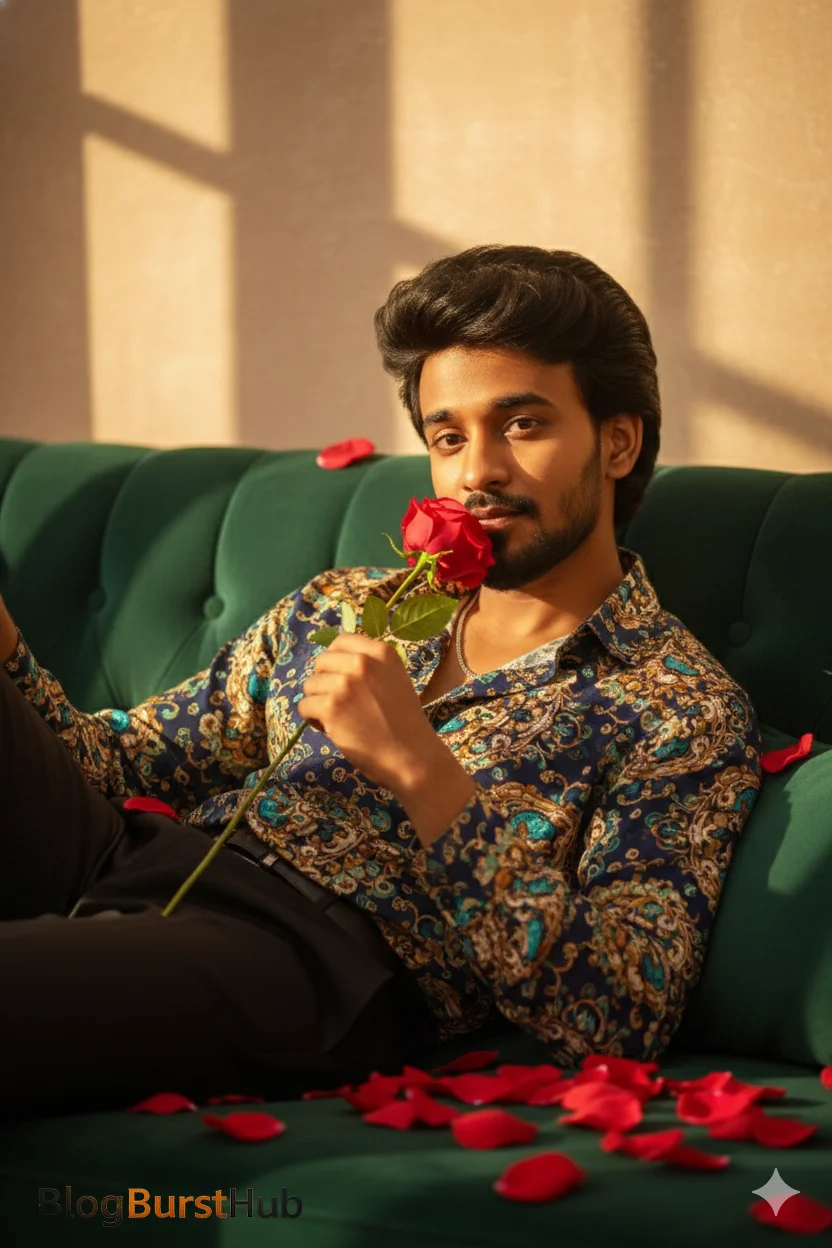 Rose Day romantic photo prompt of a man relaxing on a sofa holding a red rose