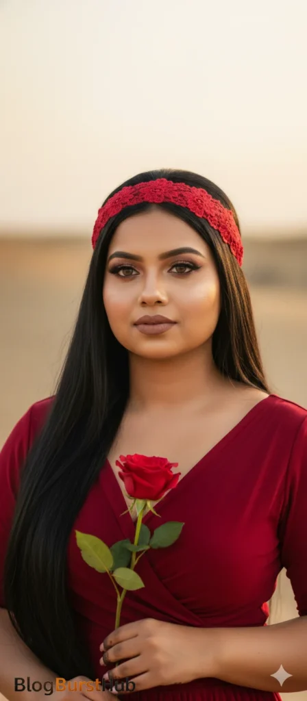 Rose Day romantic photo prompt of a woman holding a red rose with Valentine vibes