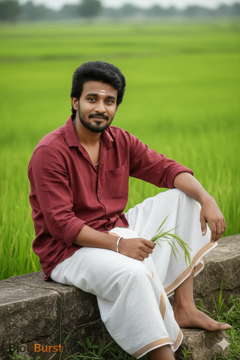Tamil man in traditional Pongal attire sitting near rice fields holding harvested paddy