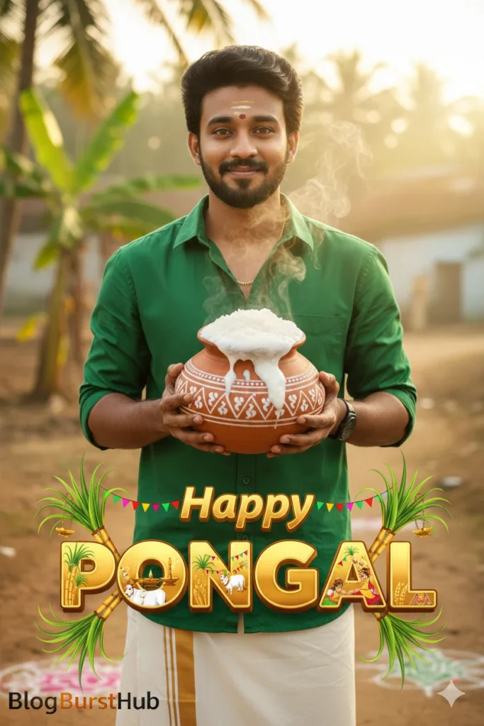 Tamil man holding boiling pongal pot with Happy Pongal greeting during harvest festival