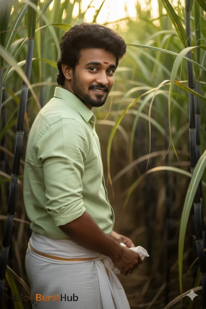 Tamil man standing in sugarcane field wearing traditional Pongal attire