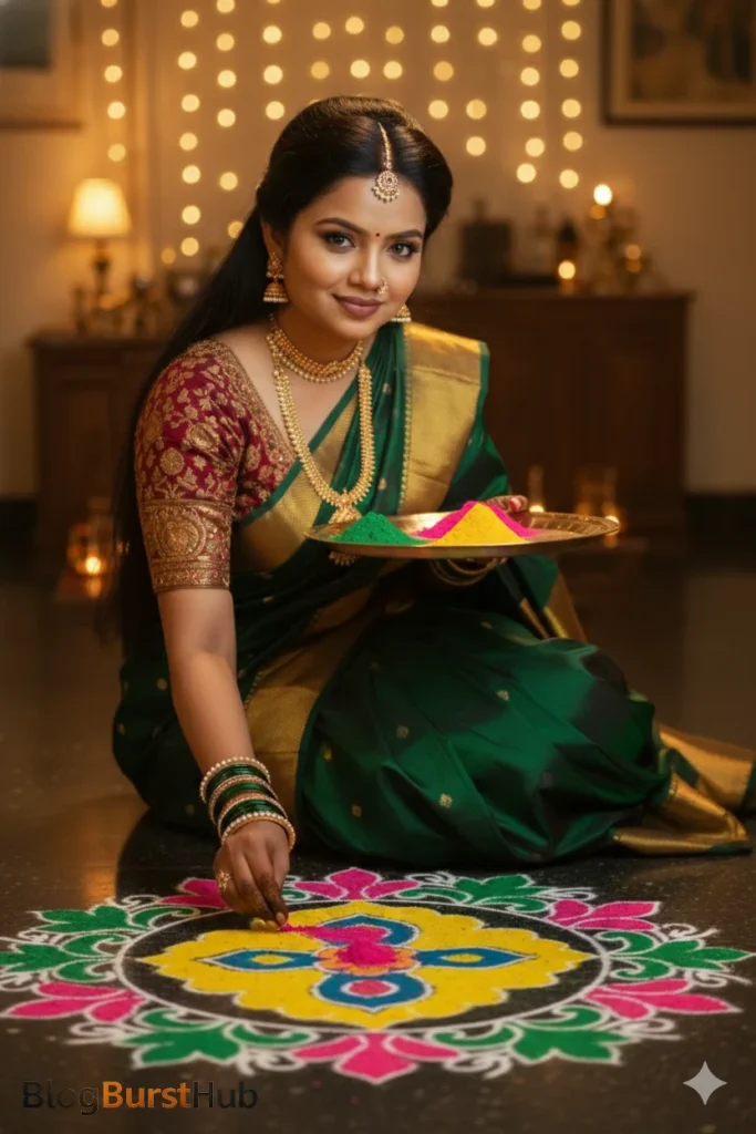 Tamil woman creating colorful kolam design during Pongal festival celebration