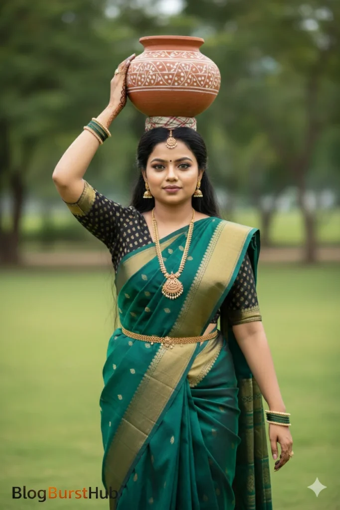 Tamil woman balancing traditional pongal pot during Pongal festival ritual