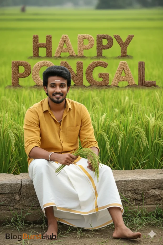Happy Pongal text with Tamil man sitting in rice fields holding harvested paddy