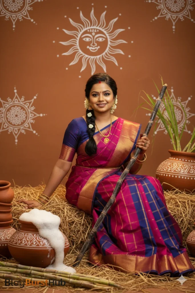 Traditional Pongal festival setup with sugarcane, clay pots, and rural decorations
