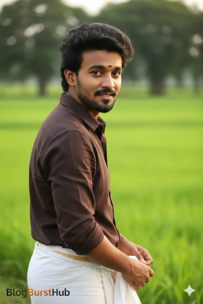 Tamil man wearing traditional veshti standing in lush green rice fields during Pongal harvest festival