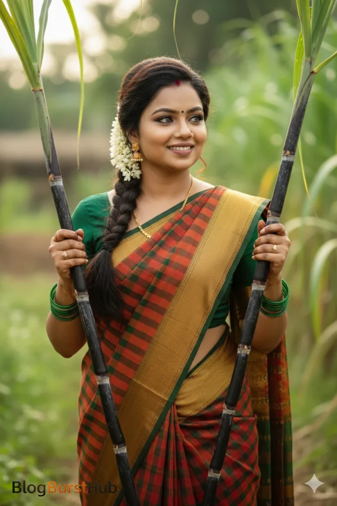 Traditional Pongal festival setup with sugarcane, clay pots, and rural decorations