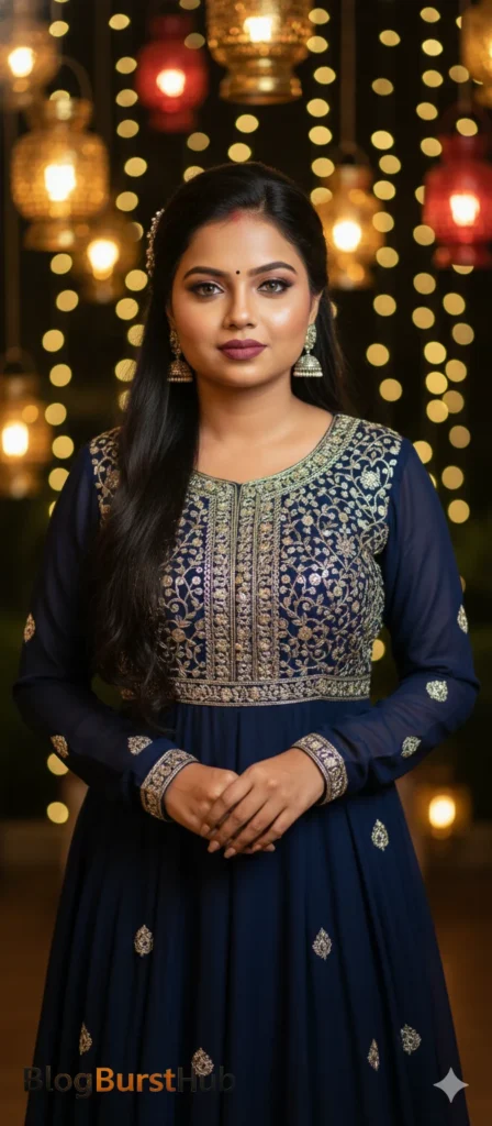 Festival AI portrait of a woman wearing a blue ethnic dress with golden festive lights background