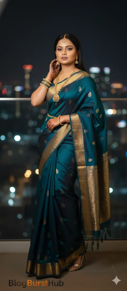 Festival AI image of a woman in green saree posing with city lights background