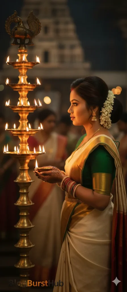 Gemini AI festival portrait of a woman in Kerala saree lighting a traditional lamp