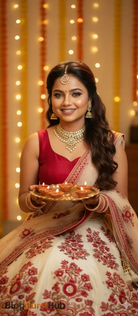 Festival AI photo of a woman in red and cream lehenga holding diya plate