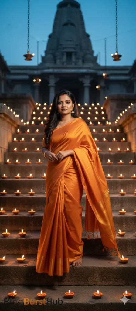 Gemini AI festival image of a woman wearing an orange saree standing on temple steps with diyas