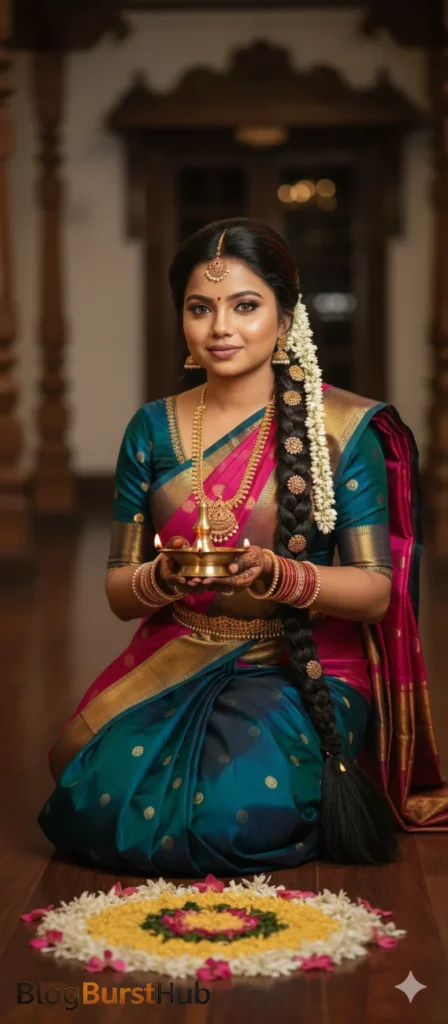 Gemini AI festival portrait of a woman in pink and blue saree holding diya