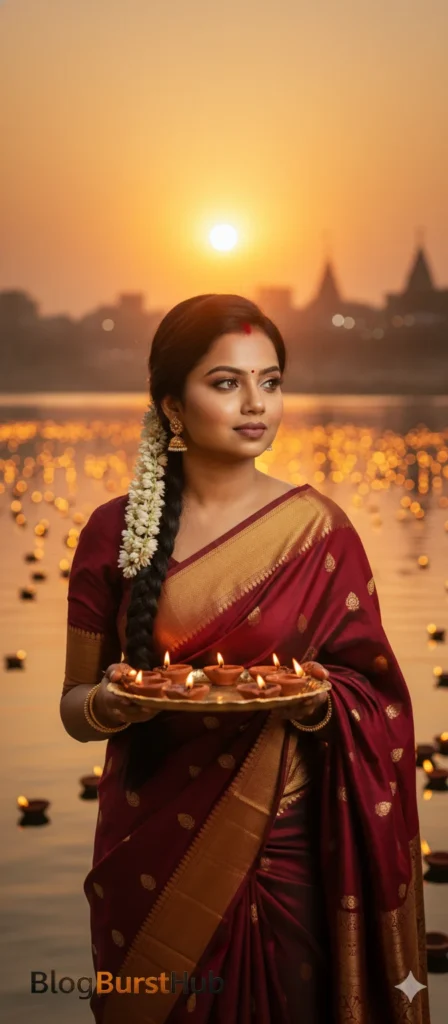 Festival AI image of a woman in red saree holding diyas during sunset