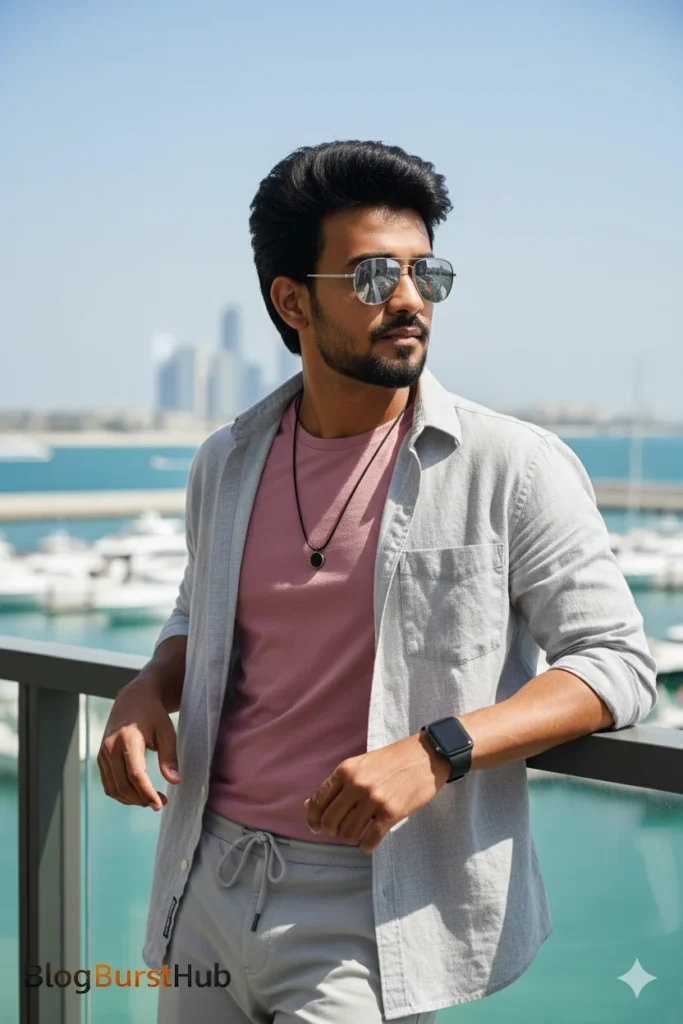 AI-generated realistic fashion photo of a man wearing a casual outfit near a marina